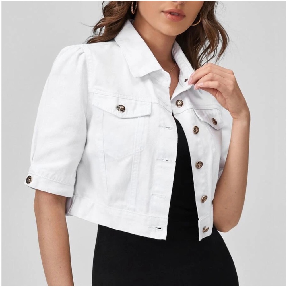 Boho White Puff Sleeve Denim Jacket Shacket - Picture 4 of 7